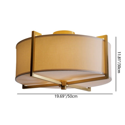 Traditional Vintage Round Cross Shape Fabric Copper 5-Light Semi-Flush Mount Ceiling Light For Living Room