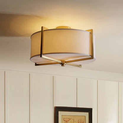 Traditional Vintage Round Cross Shape Fabric Copper 5-Light Semi-Flush Mount Ceiling Light For Living Room