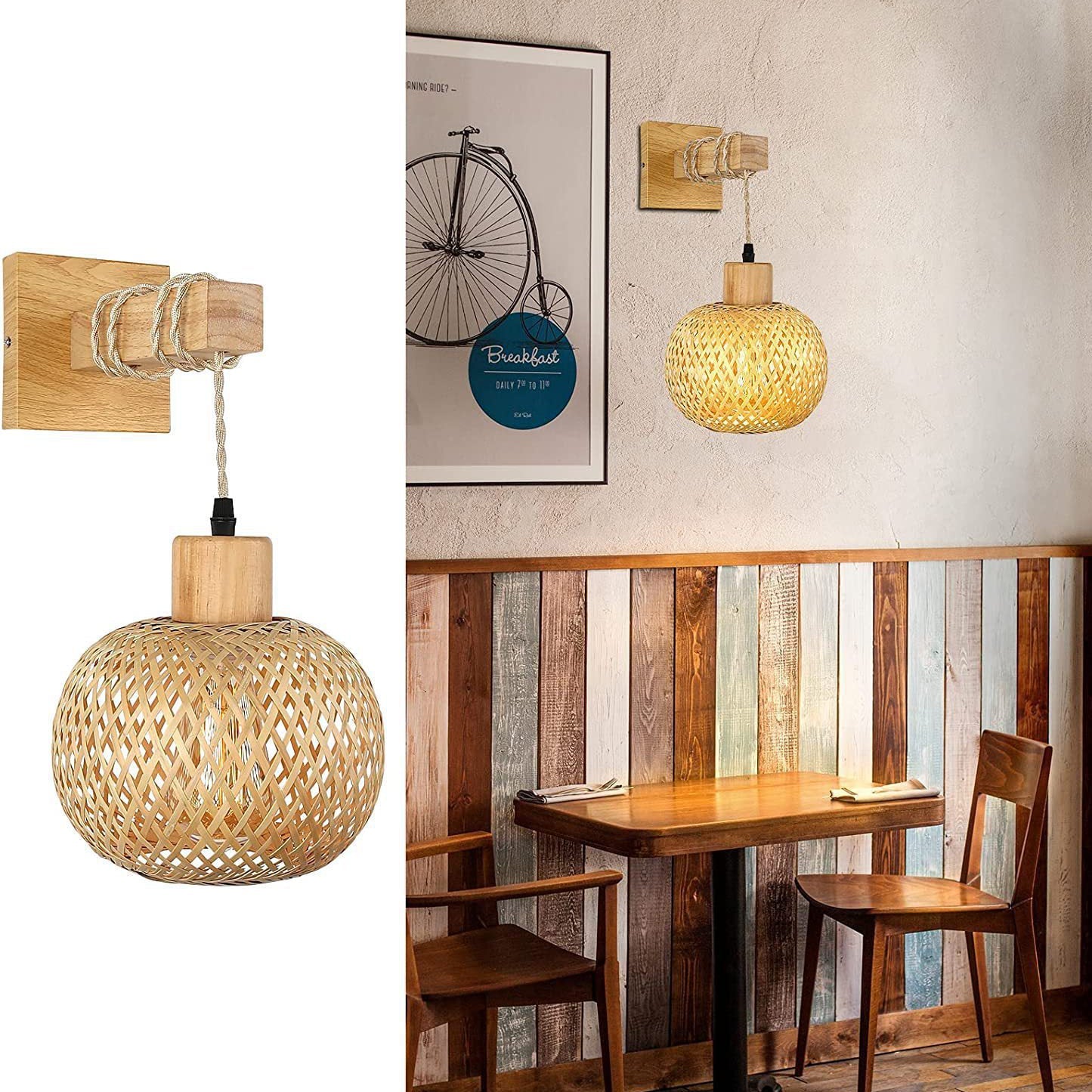 Traditional Vintage Square Skeleton Spherical Bamboo Rattan 1-Light Wall Sconce Lamp For Living Room