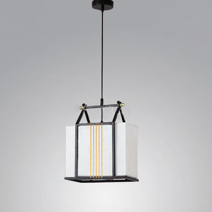 Traditional Chinese Square House Shape Fabric Iron 1-Light Pendant Light For Living Room