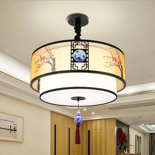 Traditional Chinese Round Bamboo Patterned Fabric Iron 3-Light Chandelier For Living Room