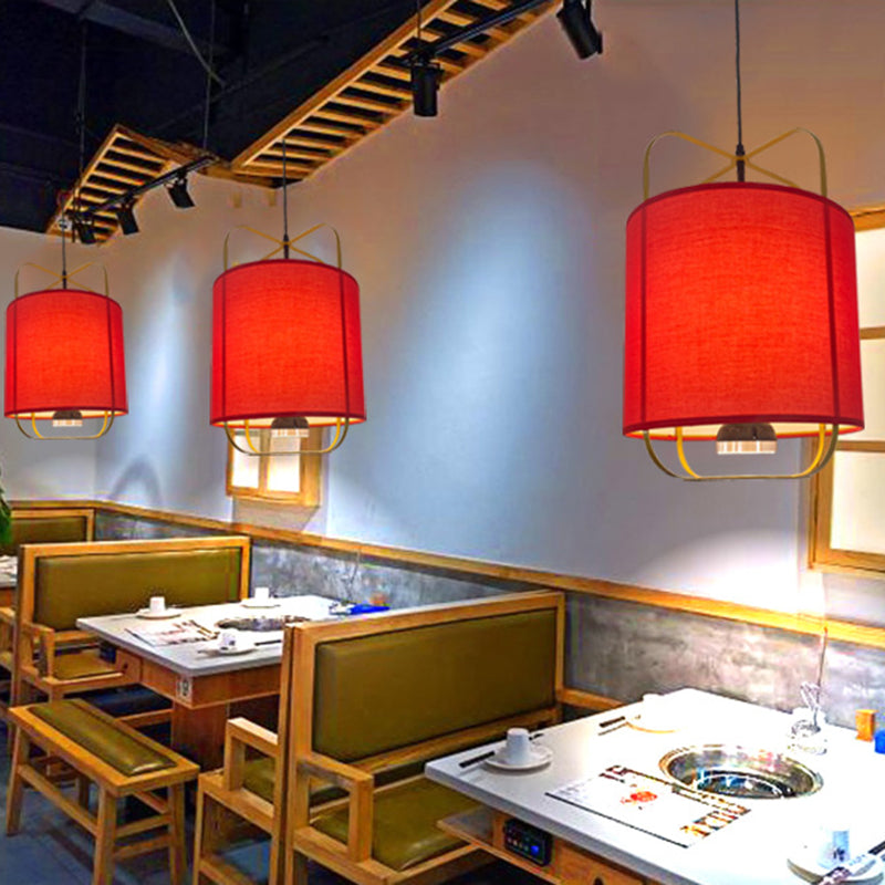 Traditional Chinese Lantern Shape Round Fabric Iron 2-Light Pendant Light For Living Room