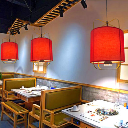 Traditional Chinese Lantern Shape Round Fabric Iron 2-Light Pendant Light For Living Room