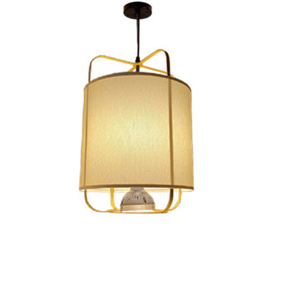 Traditional Chinese Lantern Shape Round Fabric Iron 2-Light Pendant Light For Living Room