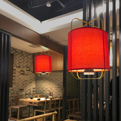 Traditional Chinese Lantern Shape Round Fabric Iron 2-Light Pendant Light For Living Room