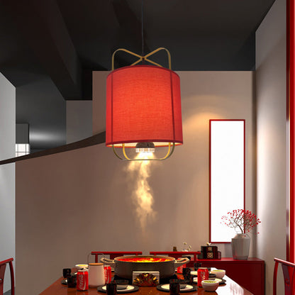 Traditional Chinese Lantern Shape Round Fabric Iron 2-Light Pendant Light For Living Room