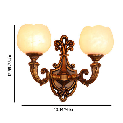 Traditional Vintage Pod Patterned Marble Brass 2-Light Wall Sconce Lamp For Living Room