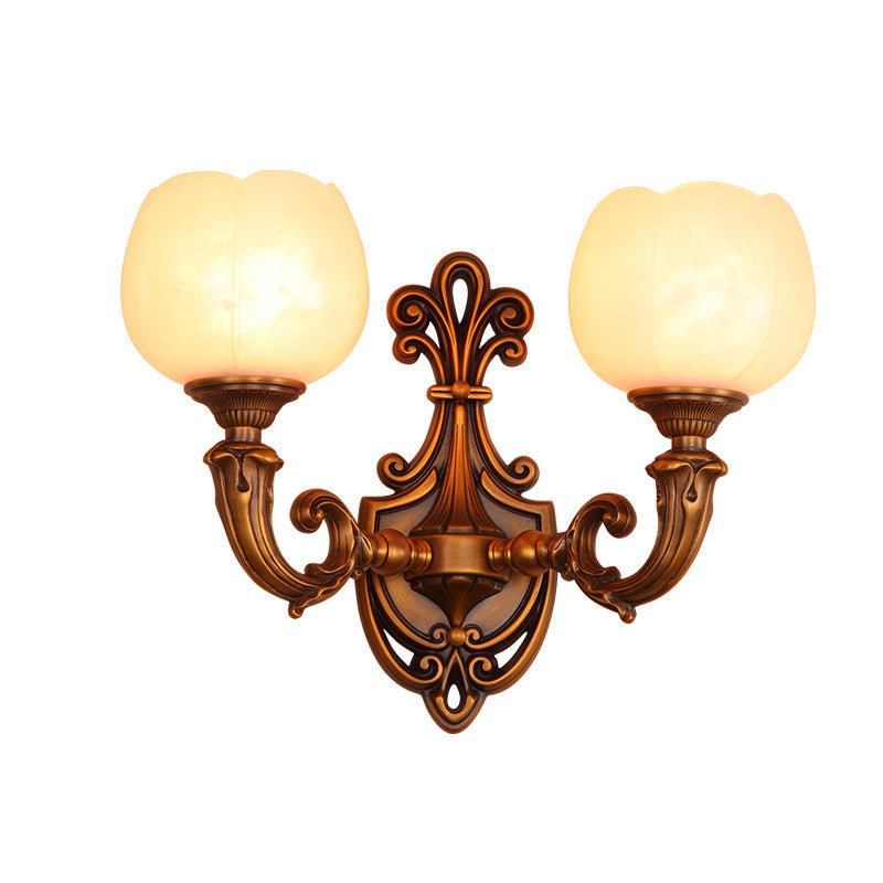 Traditional Vintage Pod Patterned Marble Brass 2-Light Wall Sconce Lamp For Living Room