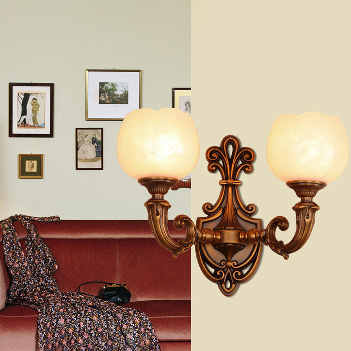 Traditional Vintage Pod Patterned Marble Brass 2-Light Wall Sconce Lamp For Living Room