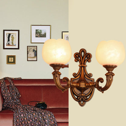 Traditional Vintage Pod Patterned Marble Brass 2-Light Wall Sconce Lamp For Living Room