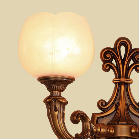 Traditional Vintage Pod Patterned Marble Brass 2-Light Wall Sconce Lamp For Living Room