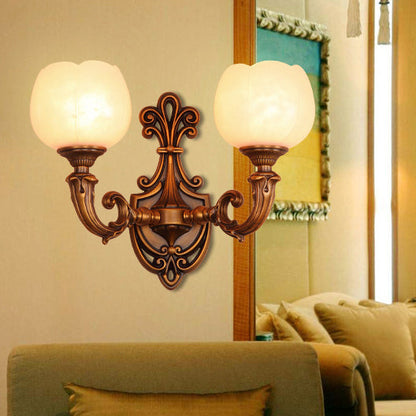 Traditional Vintage Pod Patterned Marble Brass 2-Light Wall Sconce Lamp For Living Room