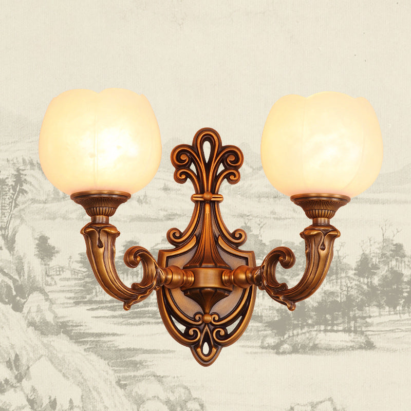 Traditional Vintage Pod Patterned Marble Brass 2-Light Wall Sconce Lamp For Living Room
