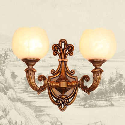 Traditional Vintage Pod Patterned Marble Brass 2-Light Wall Sconce Lamp For Living Room