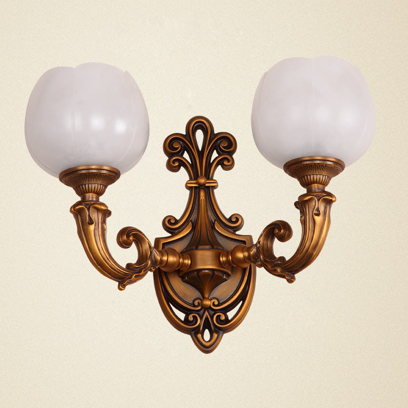 Traditional Vintage Pod Patterned Marble Brass 2-Light Wall Sconce Lamp For Living Room