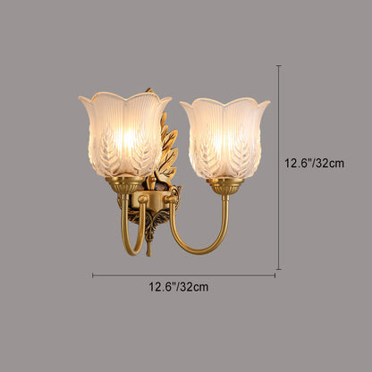 Traditional Vintage Round Leaf Floral Glass Copper 1/2 Light Wall Sconce Lamp For Living Room