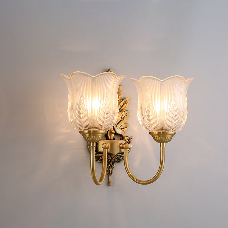 Traditional Vintage Round Leaf Floral Glass Copper 1/2 Light Wall Sconce Lamp For Living Room