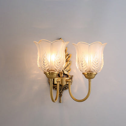 Traditional Vintage Round Leaf Floral Glass Copper 1/2 Light Wall Sconce Lamp For Living Room