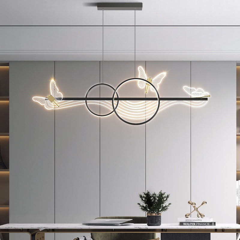 ثريا LED دائرية طويلة من الأكريليك والألومنيوم بتصميم فراشة على شكل موجة حديثة لغرفة المعيشة