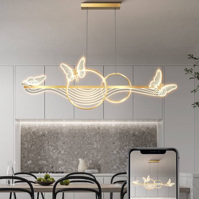 ثريا LED دائرية طويلة من الأكريليك والألومنيوم بتصميم فراشة على شكل موجة حديثة لغرفة المعيشة