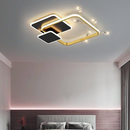Modern Luxury Square Round Stacked Acrylic Crystal Iron LED Flush Mount Ceiling Light For Bedroom