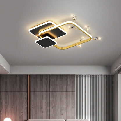 Modern Luxury Square Round Stacked Acrylic Crystal Iron LED Flush Mount Ceiling Light For Bedroom
