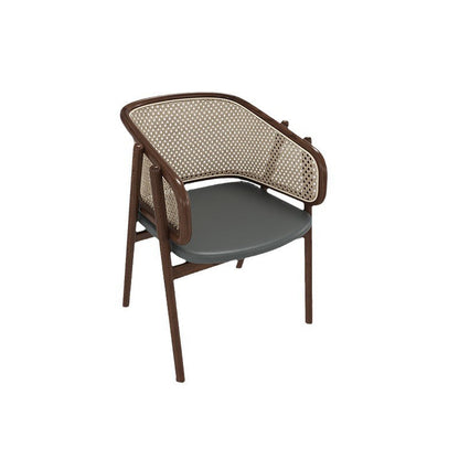 Traditional Vintage Curved Half Wrap Square Napa Leather PE Rattan Solid Wood Dining Chair Backrest Armrest For Dining Room