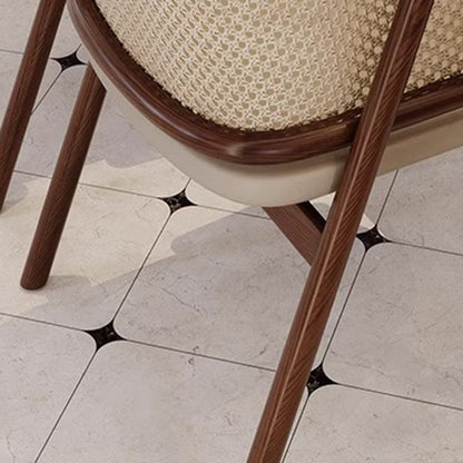 Traditional Vintage Curved Half Wrap Square Napa Leather PE Rattan Solid Wood Dining Chair Backrest Armrest For Dining Room