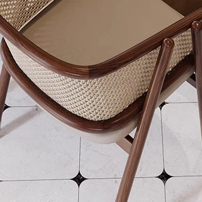 Traditional Vintage Curved Half Wrap Square Napa Leather PE Rattan Solid Wood Dining Chair Backrest Armrest For Dining Room