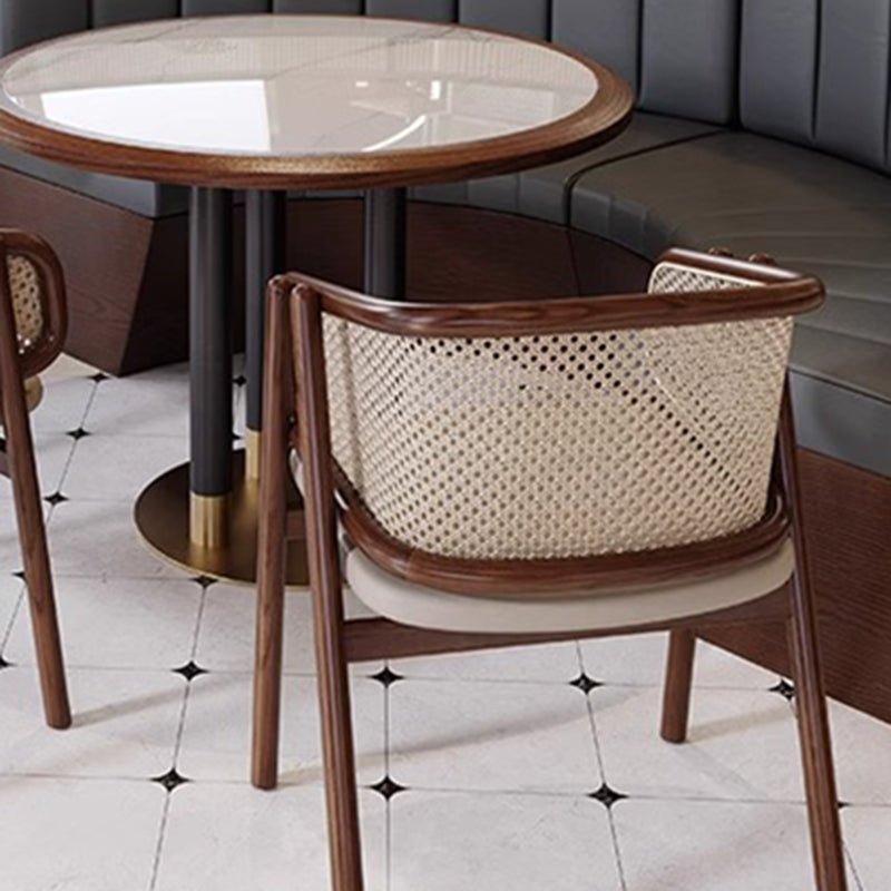 Traditional Vintage Curved Half Wrap Square Napa Leather PE Rattan Solid Wood Dining Chair Backrest Armrest For Dining Room