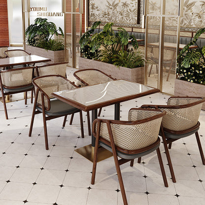 Traditional Vintage Curved Half Wrap Square Napa Leather PE Rattan Solid Wood Dining Chair Backrest Armrest For Dining Room