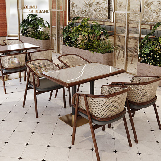 Traditional Vintage Curved Half Wrap Square Napa Leather PE Rattan Solid Wood Dining Chair Backrest Armrest For Dining Room