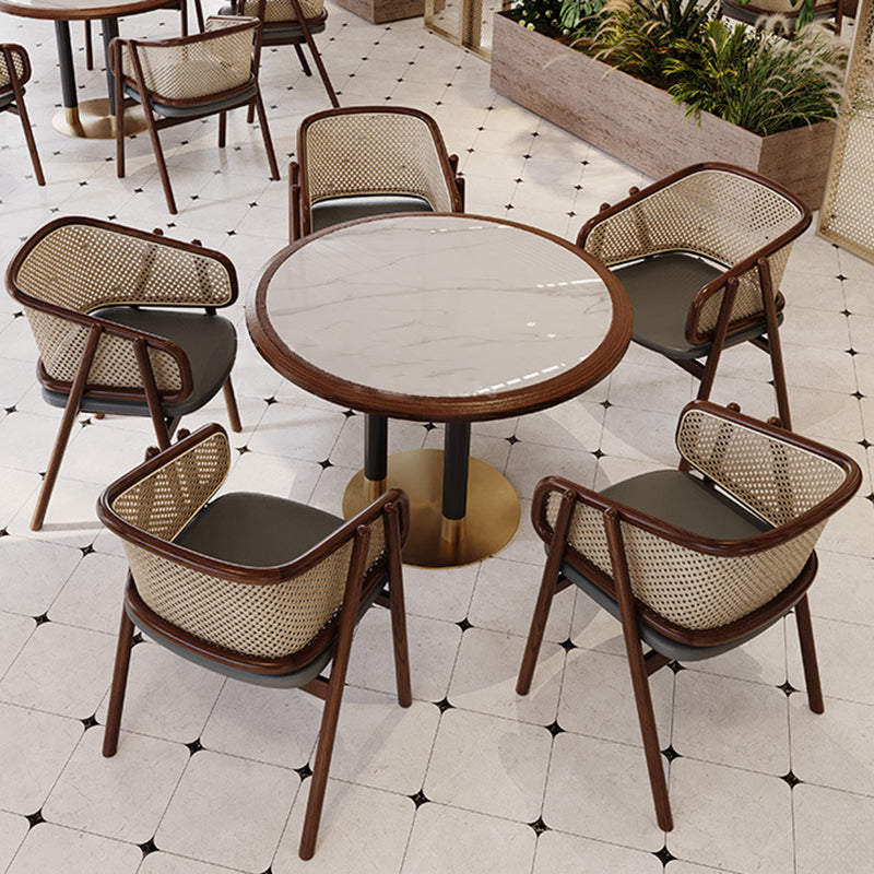 Traditional Vintage Curved Half Wrap Square Napa Leather PE Rattan Solid Wood Dining Chair Backrest Armrest For Dining Room