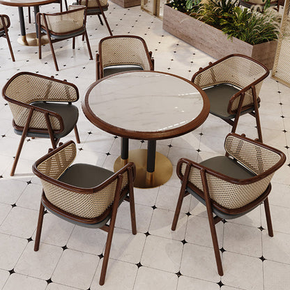 Traditional Vintage Curved Half Wrap Square Napa Leather PE Rattan Solid Wood Dining Chair Backrest Armrest For Dining Room