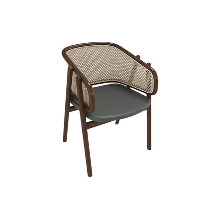 Traditional Vintage Curved Half Wrap Square Napa Leather PE Rattan Solid Wood Dining Chair Backrest Armrest For Dining Room