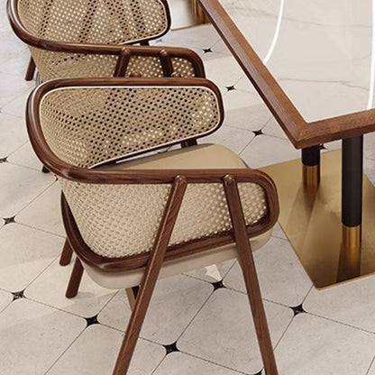 Traditional Vintage Curved Half Wrap Square Napa Leather PE Rattan Solid Wood Dining Chair Backrest Armrest For Dining Room