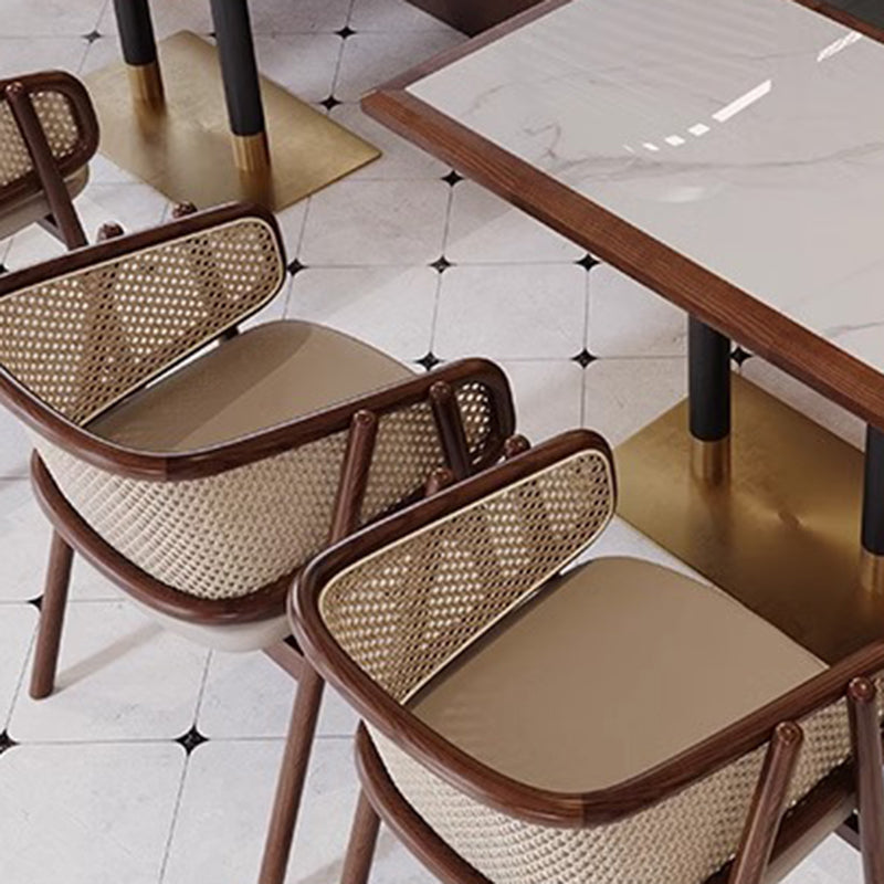 Traditional Vintage Curved Half Wrap Square Napa Leather PE Rattan Solid Wood Dining Chair Backrest Armrest For Dining Room