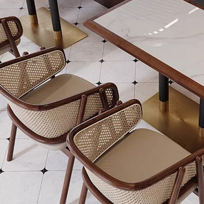 Traditional Vintage Curved Half Wrap Square Napa Leather PE Rattan Solid Wood Dining Chair Backrest Armrest For Dining Room