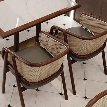Traditional Vintage Curved Half Wrap Square Napa Leather PE Rattan Solid Wood Dining Chair Backrest Armrest For Dining Room