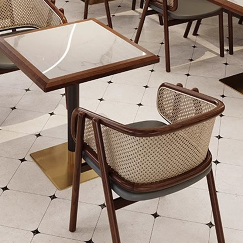 Traditional Vintage Curved Half Wrap Square Napa Leather PE Rattan Solid Wood Dining Chair Backrest Armrest For Dining Room