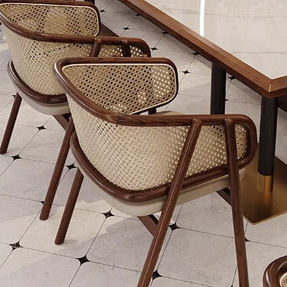 Traditional Vintage Curved Half Wrap Square Napa Leather PE Rattan Solid Wood Dining Chair Backrest Armrest For Dining Room