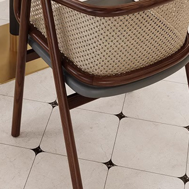 Traditional Vintage Curved Half Wrap Square Napa Leather PE Rattan Solid Wood Dining Chair Backrest Armrest For Dining Room