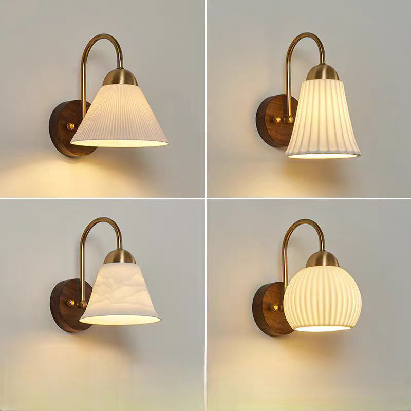 Traditional Vintage Conical Round Distressed Ceramic Rubberwood Iron 1-Light Wall Sconce Lamp For Living Room