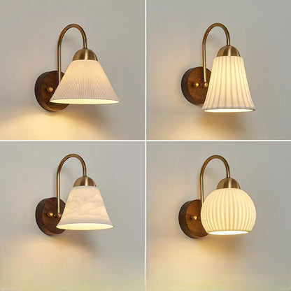 Traditional Vintage Conical Round Distressed Ceramic Rubberwood Iron 1-Light Wall Sconce Lamp For Living Room