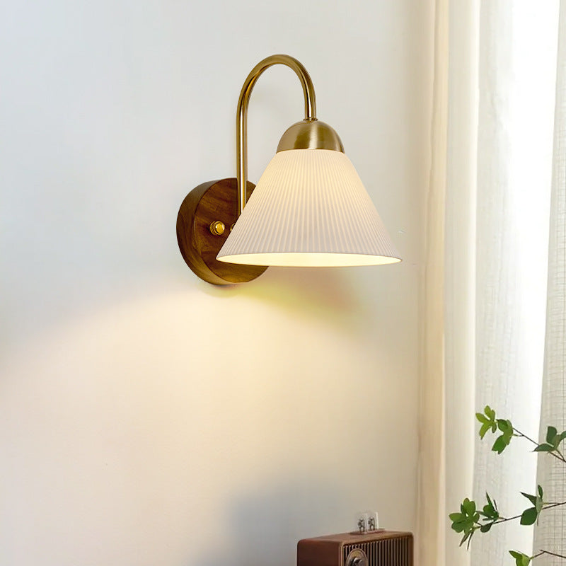 Traditional Vintage Conical Round Distressed Ceramic Rubberwood Iron 1-Light Wall Sconce Lamp For Living Room