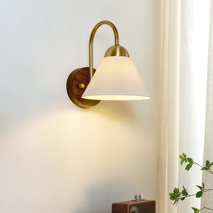 Traditional Vintage Conical Round Distressed Ceramic Rubberwood Iron 1-Light Wall Sconce Lamp For Living Room