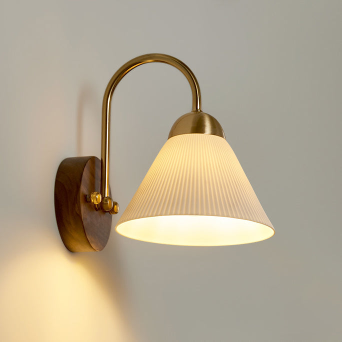 Traditional Vintage Conical Round Distressed Ceramic Rubberwood Iron 1-Light Wall Sconce Lamp For Living Room