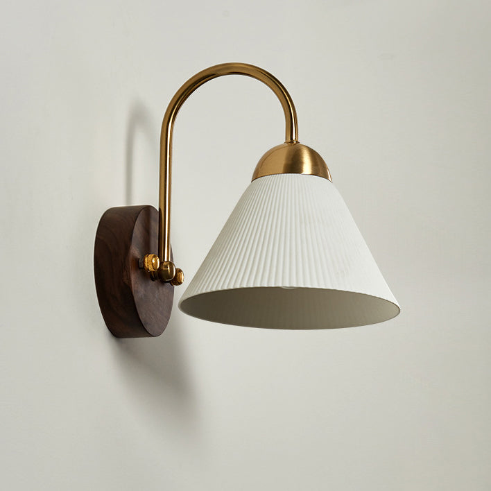 Traditional Vintage Conical Round Distressed Ceramic Rubberwood Iron 1-Light Wall Sconce Lamp For Living Room