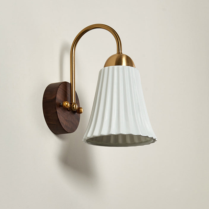 Traditional Vintage Conical Round Distressed Ceramic Rubberwood Iron 1-Light Wall Sconce Lamp For Living Room