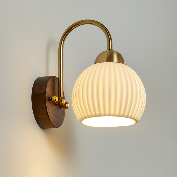 Traditional Vintage Conical Round Distressed Ceramic Rubberwood Iron 1-Light Wall Sconce Lamp For Living Room